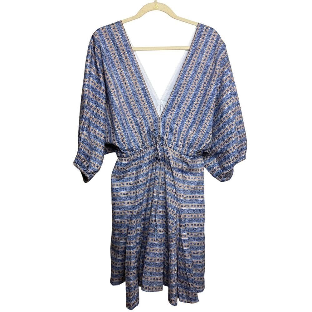 Madison Mathews Blue and Tan Kaftan Mini Dress Sz. M